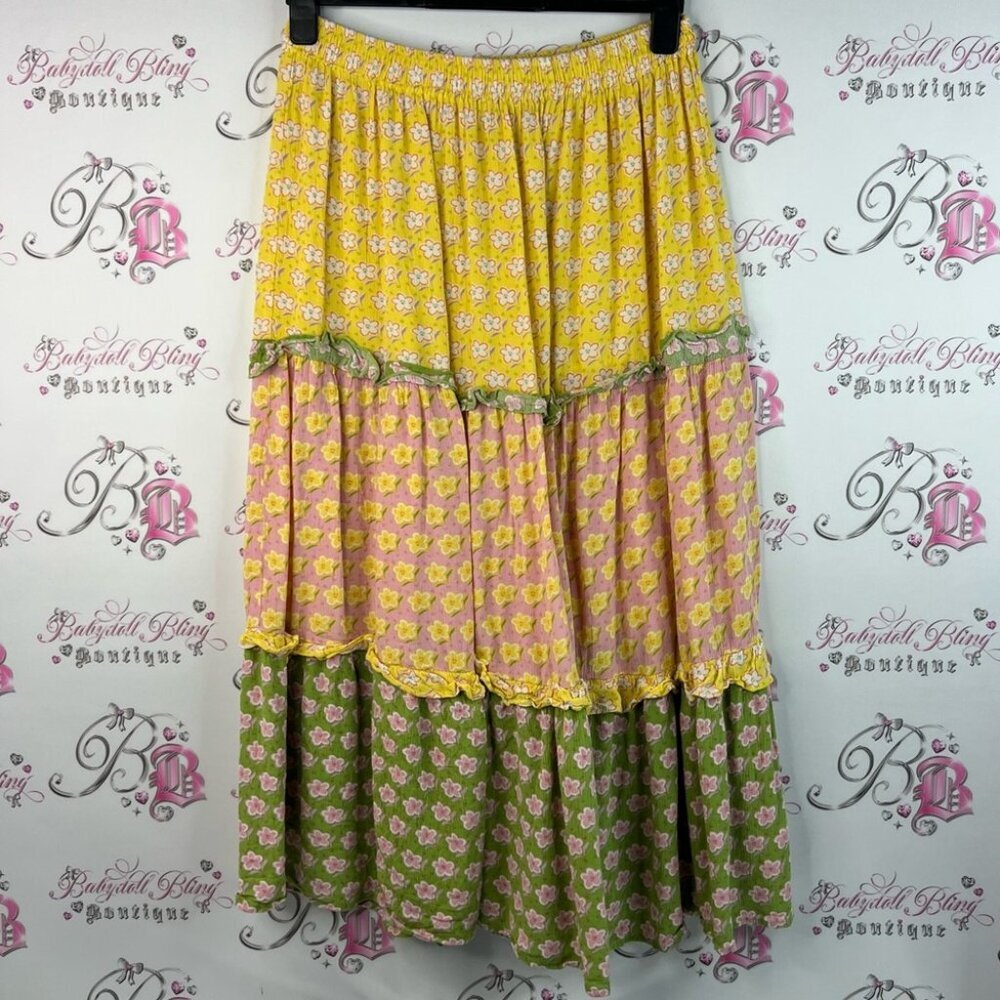 Salty lemon skirt long tiered Chic Floral Maxi Skirt - Yellow, Pink, Green